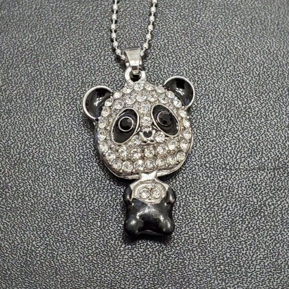 Black and clear rhinestone panda necklace 23"